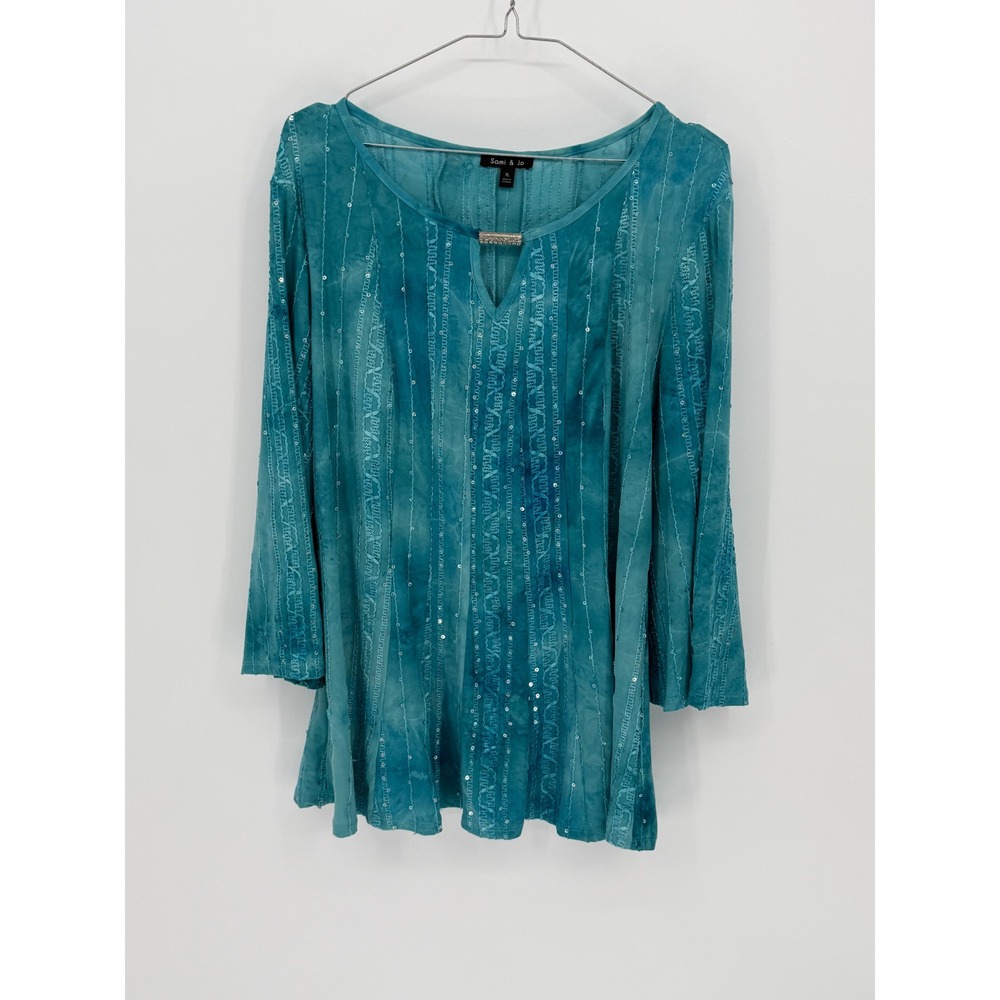 Sami & Jo Womens Tunic Sequin Tie Dye Teal XL